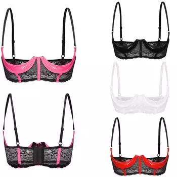 Женский бюстгальтер на косточках из лакированной кожи с чашкой 1/3, кружевной бюстгальтер с цветочным принтом, нижнее белье на годовщину S