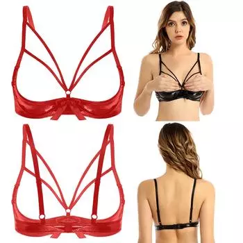 Женский бюстгальтер на косточках, укороченный топ с открытой чашкой из лакированной кожи, бюстгальтер, нижнее белье, нижнее белье S чёрный