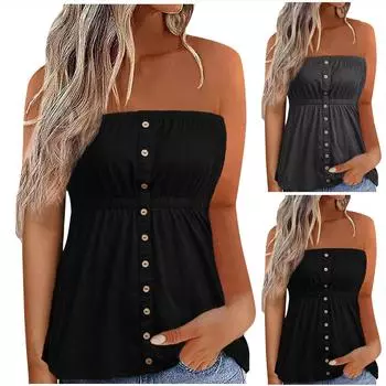 Женский бюстгальтер, плиссированный, на пуговицах, без рукавов, с открытыми плечами, облегающий, тонкий, короткий топ L чёрный