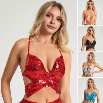 Женский бюстгальтер с бретелькой на шее, без рукавов, с блестящими блестками, с открытой спиной, в форме бабочки, на бретельках, с перекрестной спинкой, с глубоким вырезом и V-образным вырезом, дискотека, жилет для косплея