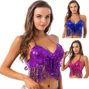 Женский бюстгальтер с лямкой на шее и завязками на спине, бюстгальтер для латинского танца живота, топ с блестками и кисточками, вечерние клубные костюмы, костюм для выступлений One Size зелёный