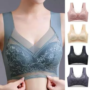 Женский бюстгальтер с широкими бретелями и мягкой подкладкой, беспроводной полный чашка, кружевной спортивный бюстгальтер с цветочной строчкой, пуш-ап 3XL
