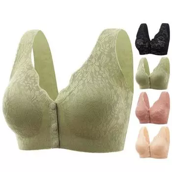 Женский бюстгальтер с v-образным вырезом и широкими бретелями, U-образный бюстгальтер с застежкой сзади и спереди, мягкий бюстгальтер для матери среднего возраста с кружевной строчкой M чёрный