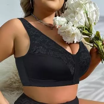 Женский бюстгальтер с застежкой спереди, большого размера, с полным покрытием, кружевное нижнее белье, беспроводной бюстгальтер-бралетт для мам 0Xl-5Xl, жилеты, топы 2XL чёрный