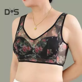 Женский бюстгальтер среднего возраста, бесшовный тонкий ледяной шелк, охлаждающий цветочный принт, беспроводной, не зацепляющийся, пуш-ап, бюстгальтер для повседневного ношения для мам XL светло-синий