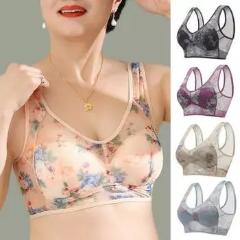 Женский бюстгальтер среднего возраста, бесшовный тонкий ледяной шелк, охлаждающий цветочный принт, беспроводной, не затягивается, пуш-ап, для мам на каждый день L фиолетовый