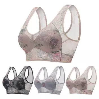 Женский бюстгальтер среднего возраста, сетчатый тонкий ледяной шелк, охлаждающий цветочный принт, бесшовный беспроводной, анти-зацеп, пуш-ап для мамы L чёрный
