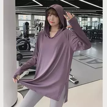 Женский быстросохнущий кардиган с капюшоном: Топ с длинными рукавами для йоги и бега на весну/осень M (suggested 75-100 jin)