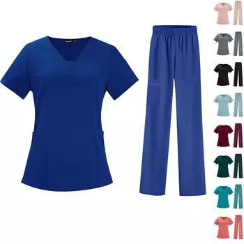 Женский быстросохнущий однотонный комплект брюк с короткими рукавами и V-образным вырезом, рабочая одежда XXL