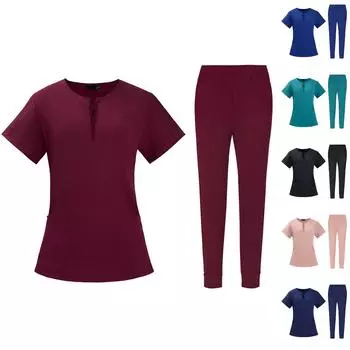 Женский быстросохнущий однотонный комплект брюк с короткими рукавами и косым воротником, карманами, рабочая одежда L чёрный