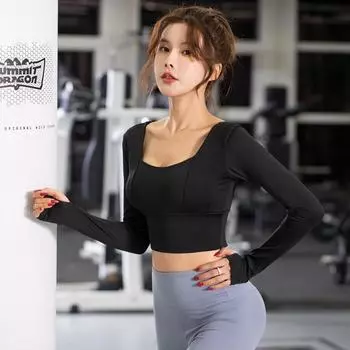 Женский быстросохнущий топ для йоги Juyitang с длинными рукавами, накладкой на грудь и укороченным кроем XL фиолетовый/ягодный