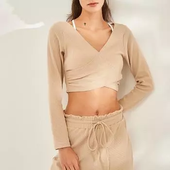 Женский быстросохнущий топ с V-образным вырезом и длинными рукавами для йоги и бега Large