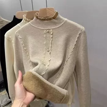 Женский цельный бархатный свитер, пуловеры, зимняя новая мода, кружево, длинные рукава, толстый вязаный свитер, женский джемпер, вязаный топ S хаки