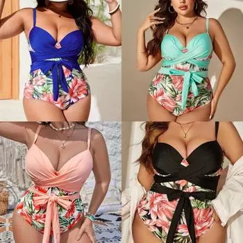 Женский цельный бикини больших размеров из нейлона с жесткой сумкой и нагрудным ремнем с принтом купальник 0XL