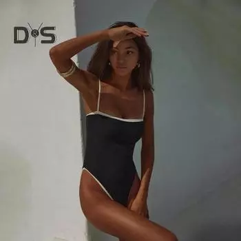 Женский цельный бикини винтажный купальник бандо с высоким вырезом пляжная одежда с накладками на грудь женственный купальник для пляжного отдыха серфинг бассейн плавание S чёрный