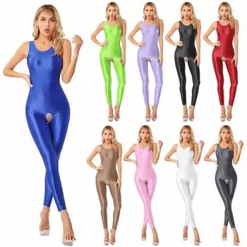 Женский цельный глянцевый комбинезон с U-образным вырезом без рукавов и вырезами, комбинезон, комбинезон, клубная одежда S
