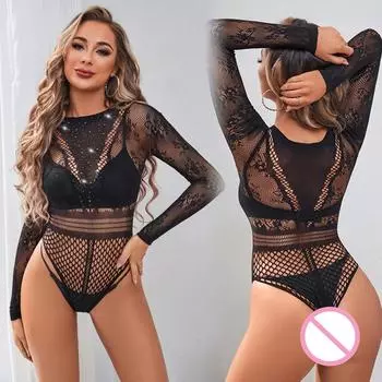 Женский цельный комплект со стразами, сетчатый боди, сексуальное сетчатое облегающее нижнее белье, эротический женский комбинезон XXS