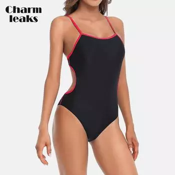 Женский цельный купальник Charmleaks для тренировок и занятий спортом на тонких бретелях с открытой спиной и цветными блоками
