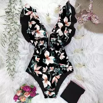 Женский цельный купальник, летний монокини с v-образным вырезом и рюшами на шнуровке, быстросохнущий купальник, пляжная одежда M чёрный