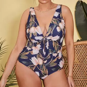 Женский цельный купальник с цветочным принтом, большой размер, V-образный вырез, сексуальный купальник, модная пляжная одежда из полиэстера для полных женщин, банная одежда L темно-синий