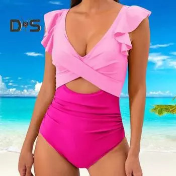 Женский цельный купальник с глубоким v-образным вырезом и рюшами на рукавах, лоскутное цветное монокини с вырезом на животе, купальный костюм с высокой талией M фиолетовый