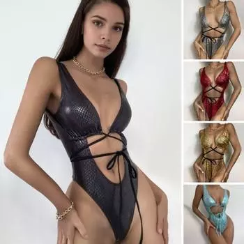 Женский цельный купальник с глубоким V-образным вырезом и открытой спиной, без рукавов, со шнуровкой, монокини, узор змеиной кожи S чёрный
