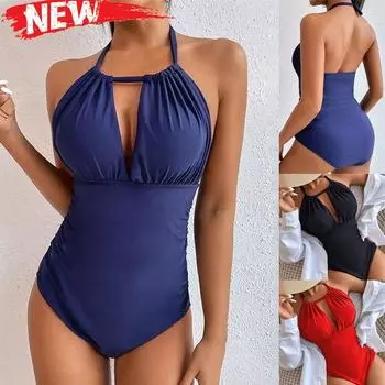 Женский цельный купальник с лямкой на шее, купальный костюм с контролем живота, монокини с рюшами, купальники L чёрный