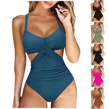 Женский цельный купальник с перекрестной многоцветной строчкой и открытой спиной L синий