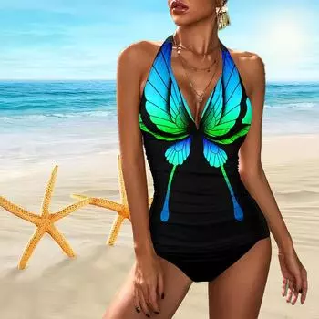 Женский цельный купальник с подвеской на шее и синей юбкой с принтом бабочки, короткий купальник на бретельках S синий