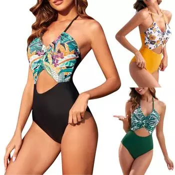 Женский цельный купальник с принтом листьев, сексуальный кружевной воротник с бретелькой L чёрный