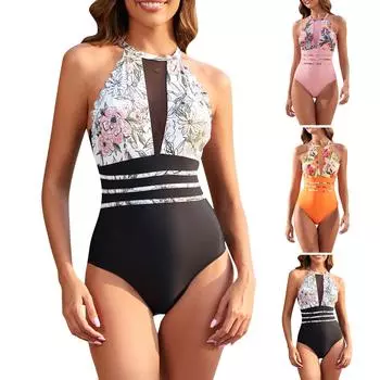 Женский цельный купальник с принтом листьев. Купальник с воротником-халтер L чёрный