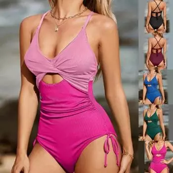 Женский цельный купальник с рюшами, летний однотонный купальник с закрученной передней частью и открытой спиной, купальный костюм для отдыха, пляжная одежда S чёрный