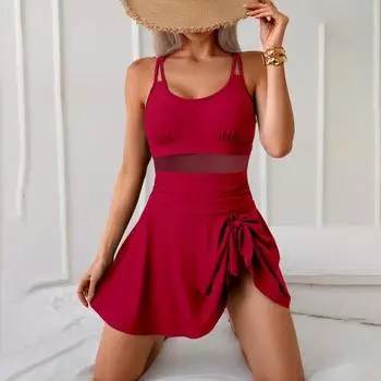 Женский цельный купальник с U-образным вырезом без рукавов, сетчатая строчка, высокая талия, монокини с завязанным подолом, однотонный цельный купальный костюм XXL вино красного