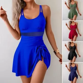 Женский цельный купальник с U-образным вырезом без рукавов, сетчатая строчка, высокая талия, монокини с завязанным подолом, однотонный цельный купальный костюм XXL королевский синий