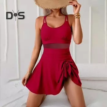 Женский цельный купальник с U-образным вырезом без рукавов, сетчатая строчка, высокая талия, монокини с завязанным подолом, однотонный цельный купальный костюм XXL королевский синий