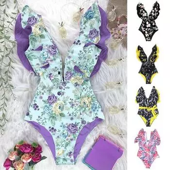 Женский цельный купальник с v-образным вырезом и рюшами на шнуровке Монокини Быстросохнущие купальники Пляжная одежда M чёрный