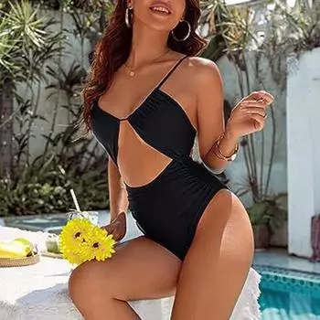 Женский цельный купальник с высокой талией, монокини, однотонный, быстросохнущий, эластичный, пляжная одежда с накладкой на грудь S чёрный