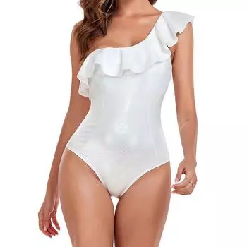 Женский цельный купальник, сексуальный белый купальник, пляжная одежда с рюшами на одно плечо, купальный костюм S белый