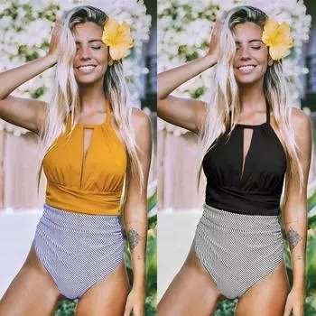 Женский цельный купальник в полоску, купальник с эффектом пуш-ап, купальный костюм M чёрный