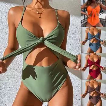 Женский цельный однотонный купальник со шнуровкой на груди и высокой талией, сексуальный купальник с накладкой на грудь без стального бюстгальтера M армия зеленый