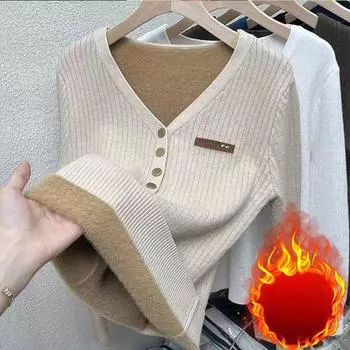 Женский цельный плюшевый утолщенный свитер зимний модный облегающий крой с V-образным вырезом трикотажный низ верх M хаки