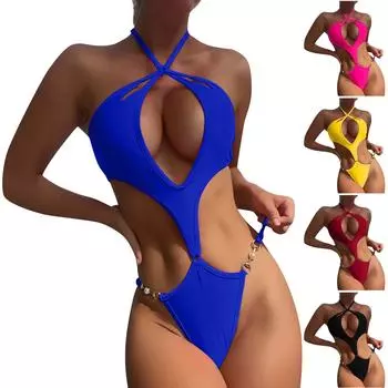 Женский цельный полый сексуальный купальник с жемчужной цепочкой XL чёрный