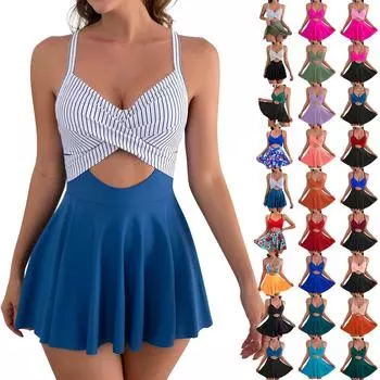 Женский цельный сексуальный модный купальник в стиле юбки с подушечками для бюстгальтера и без стальной поддержки M синий