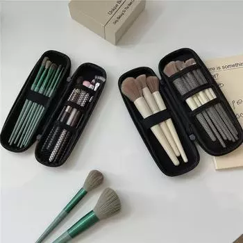 Женский чехол для кистей для макияжа, чистый черный, маленькая косметичка, органайзер для ручек для губной помады, ящик для хранения инструментов для красоты, длинная полоска на молнии, чехол из ЭВА