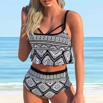 Женский черно-белый бикини с лямкой на шее и ромбовидным принтом в стиле ретро, купальник-танкини S чёрный