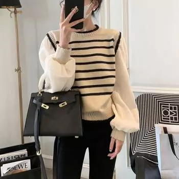 Женский черно-белый полосатый лоскутный искусственный свитер из двух частей, трикотажная блузка с рукавами-фонариками Design Sense для осени и зимы S