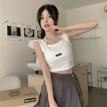 Женский черный белый жилет тренировочная одежда для отдыха для девочек Y2K топы повседневные укороченные топы без рукавов футболки для женщин S