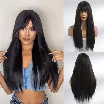 Женский черный длинный натуральный ежедневный прямой челкой прямые волосы головной убор парик из химического волокна 66cm