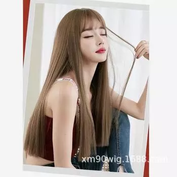 Женский черный длинный прямой натуральный парик с воздушной челкой - Celebrity Style средней длины