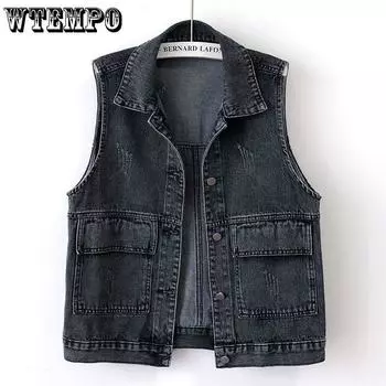 Женский черный джинсовый жилет в стиле ретро, весна-осень, повседневный жилет больших размеров, безрукавка S